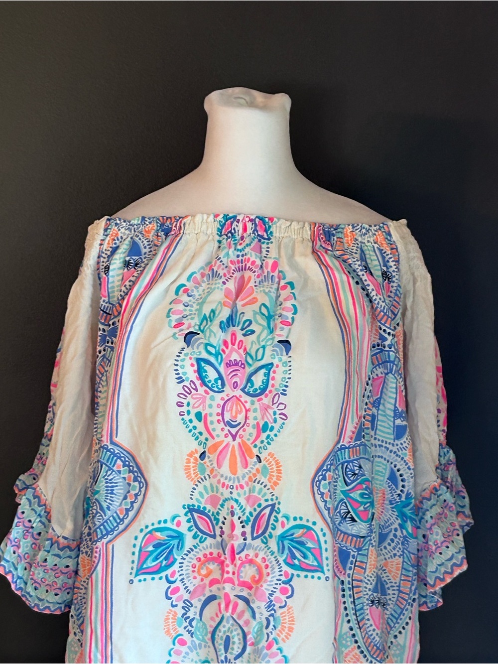 Lilly Pulitzer Fawna Off-The-Shoulder Dress White Pink Blue Chic Retreat Large - Picture 3 of 10